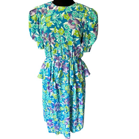 Vintage 80’s Diversity Blue Purple Floral Puff Sleeve Peplum Skirt Set Med Large - Picture 1 of 9